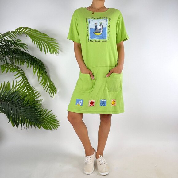 Vintage 90s Lime Green Nautical Graphic Casual Beachy Dress With Pockets /Medium - Picture 5 of 6